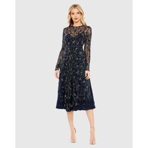 New MAC DUGGAL Size 2 Navy 10799 BEADED LONG SLEEVE A-LINE Cocktail Midi DRESS